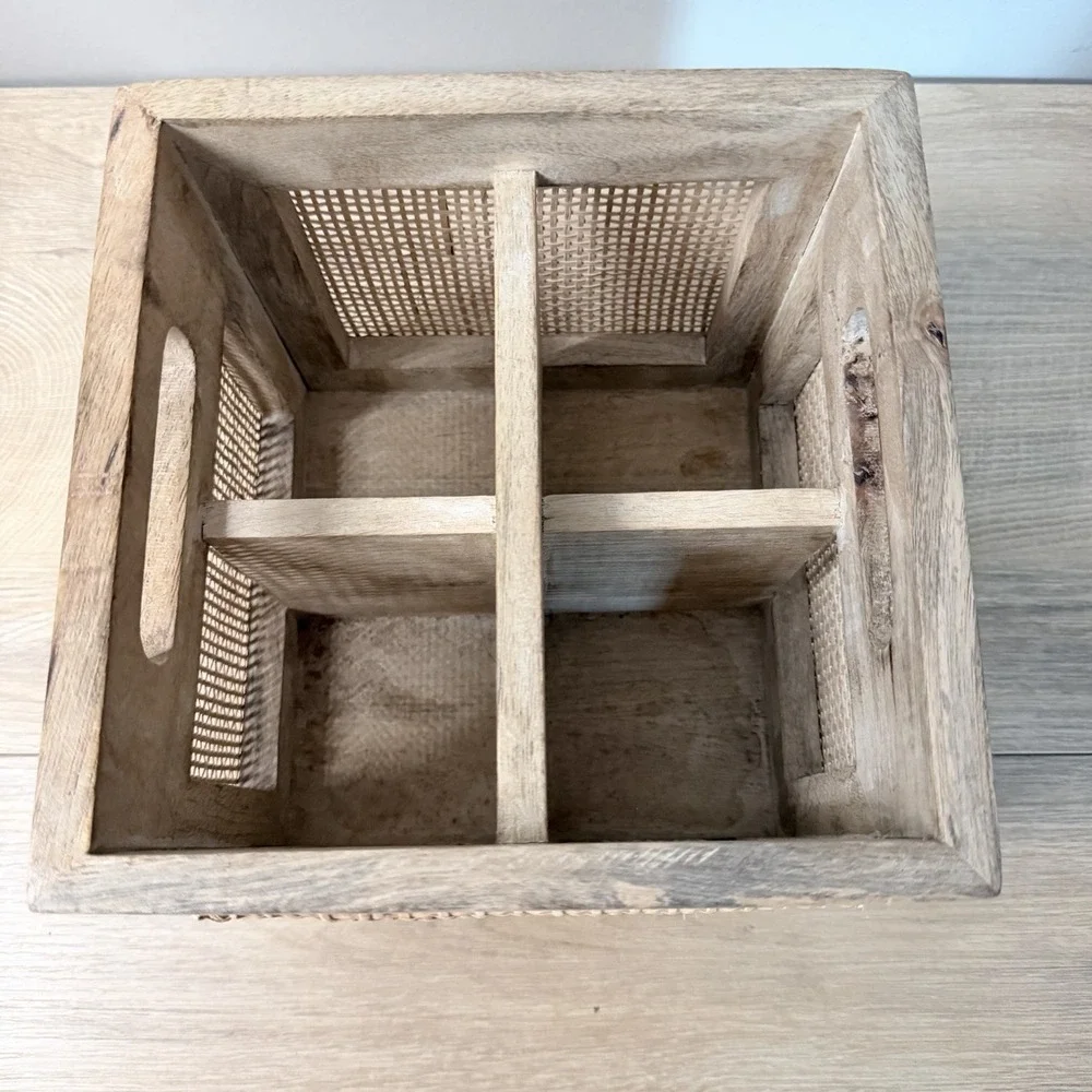 Pier 1 Utensil Caddy Wood Woven Rattan 4 Compartment Flatware Organizer